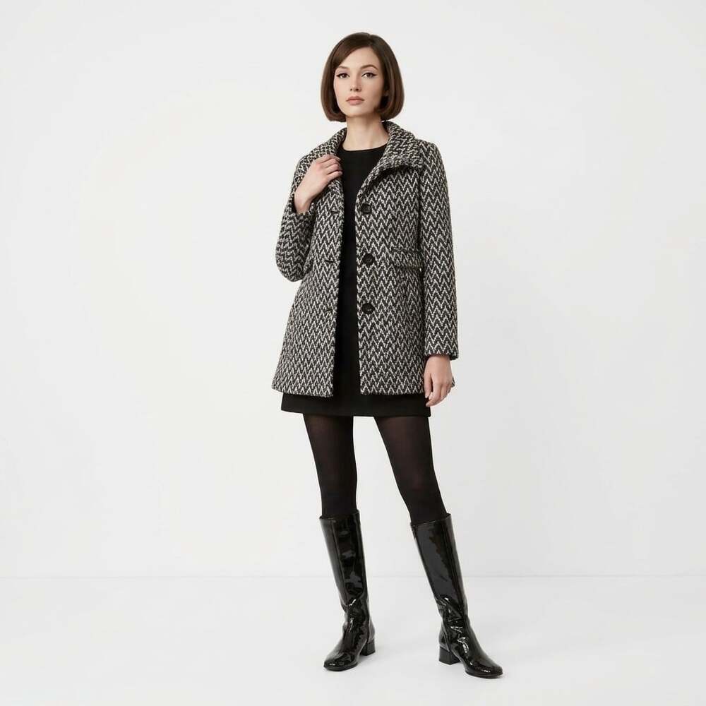 Kenneth Cole New York Boucle Coat Size 4 Black White Herringbone Wool Blend